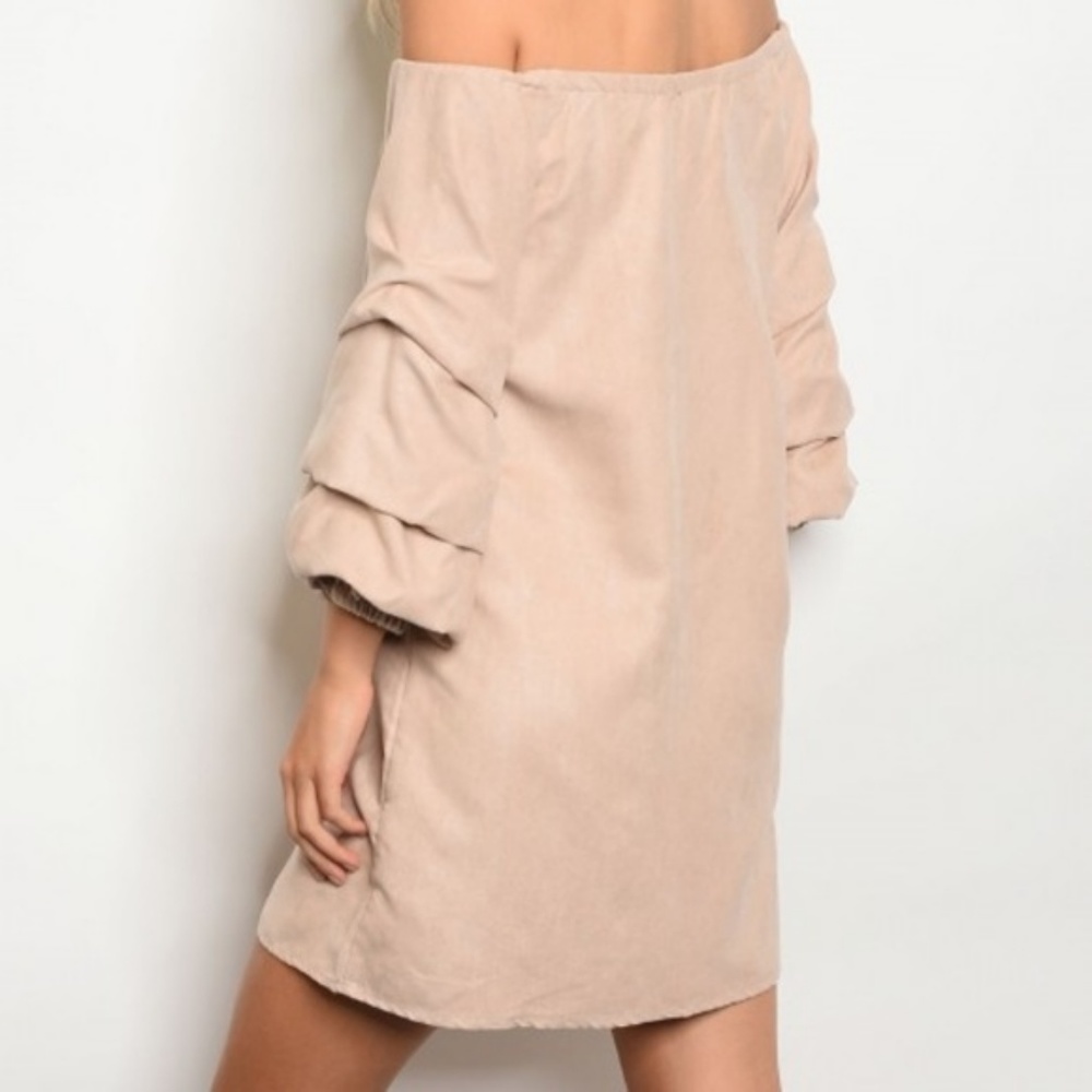 Blush Pink SUEDE OFF SHOULDER DRESS - Picture 2 of 3